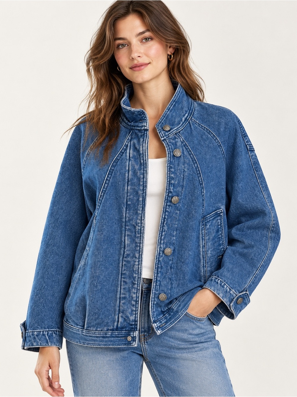 Classic Washed Blue Denim Jean Jacket with Stand Collar